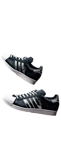 Adidas picture, white background, close-up, 3/4 composition, detailed texture, realistic rendering, bright lighting, Adidas Superstar shoes, black and white stripes, silver metal lace tips, rubber out