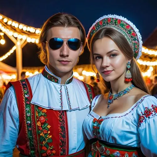 зеркальные солнцезащитные очки-авиаторы,a couple dressed in historical german clothing, with dark sunglasses and a fairground background,belarusians,folk costumes,russian folk style,belarussian,ukrain