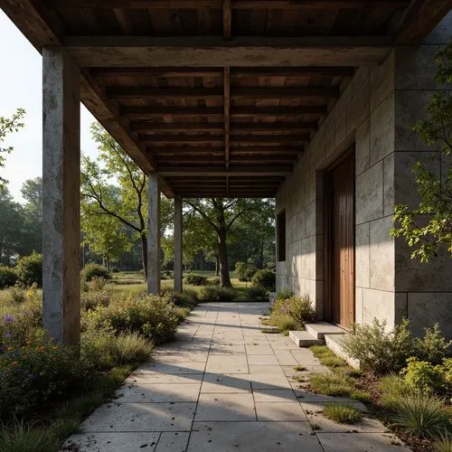 Rugged pavilion, brutalist architecture, rough-hewn stone walls, exposed concrete columns, weathered wooden accents, industrial metal beams, distressed finishes, tactile roughness, organic natural for