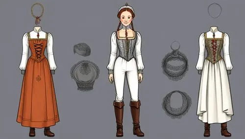 Paper doll one solo medieval noble women in white blouse ,grey tight legging with brown boot on the left standing with a headless faceless fashion mannequin clothing item set of elegant medieval noble