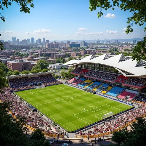 Vibrant soccer stadium, social housing facade, bold color scheme, dynamic curves, angular lines, modern architecture, cantilevered roofs, large windows, metal cladding, concrete structures, urban land