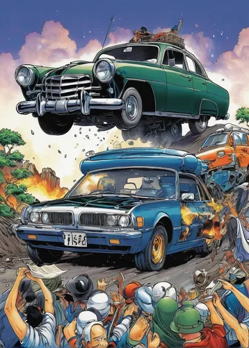 demolition derby,ford xc falcon,chevrolet opala,muscle car cartoon,chevrolet impala,volvo 164,ford falcon (australian version),ford xm falcon,opel olympia,cars cemetry,car recycling,ford el falcon,chevrolet malibu,game illustration,buick y-job,ford falcon,ford xp falcon,ford ba falcon,ford falcon (north america),frog gathering,Illustration,Japanese style,Japanese Style 05