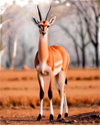 Gazelle, standing, alert posture, brown fur, white belly, slender legs, sharp horns, big brown eyes, subtle makeup, natural habitat, savannah background, warm sunlight, soft focus, cinematic compositi