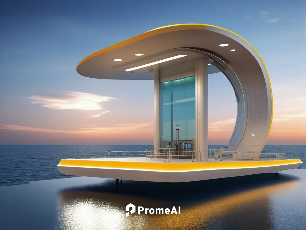 Create an image of a cutting-edge sea-based petrol station featuring a single  gas tank tailored for fueling speedboats. The station's design should exude modernity and minimalism, with a dynamic and 