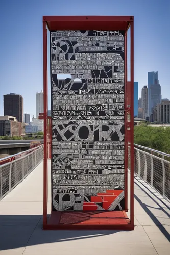 Write a suspenseful story set at the Bob Kerrey Pedestrian Bridge.,newspaper box,dialogue window,coke machine,electronic signage,metal cabinet,public art,bus shelters,display panel,transport panel,sod