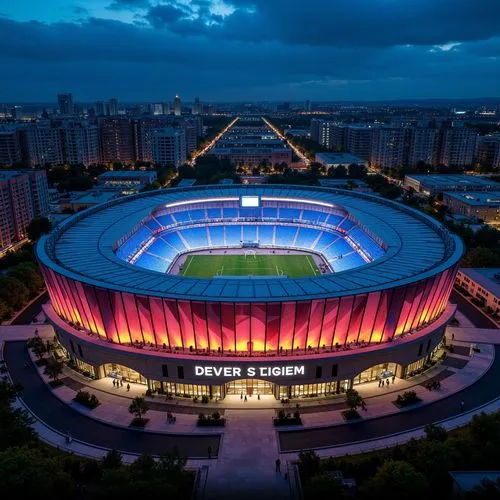 Sleek international-style soccer stadium, futuristic fa\u00e7ade design, dynamic LED light displays, angular metal panels, curved glass surfaces, modernist architecture, vibrant team color schemes, ge