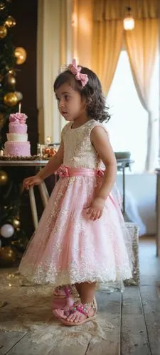 a girl stands by a christmas tree wearing sandals,little girl in pink dress,quinceaneras,reema,anoushka,quinceanera,cake smash