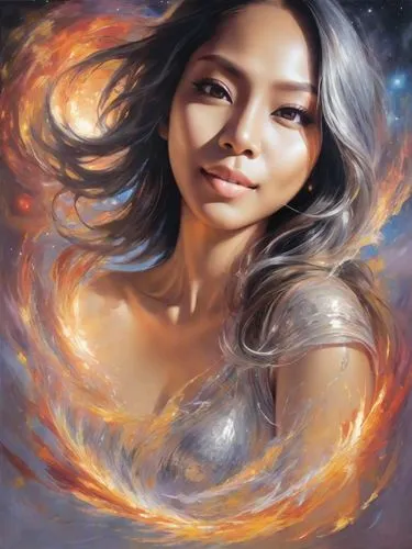 an image of a woman with long hair,fantasy portrait,fire artist,flame spirit,fire angel,katara,fire dancer