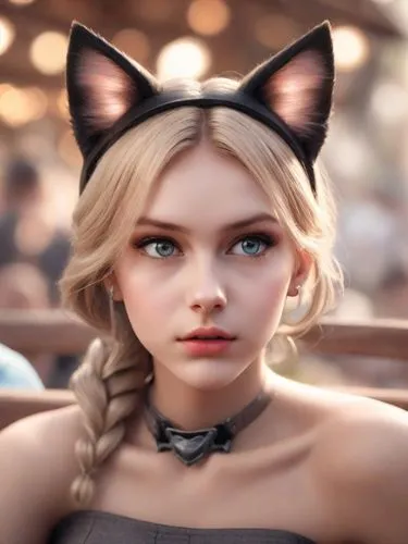 a girl with cat ears sits on a bench next to a man,a woman is wearing black and has a cat ears on her head,cat ears,derivable,miqati,suara,kat,cat look,Photography,Commercial