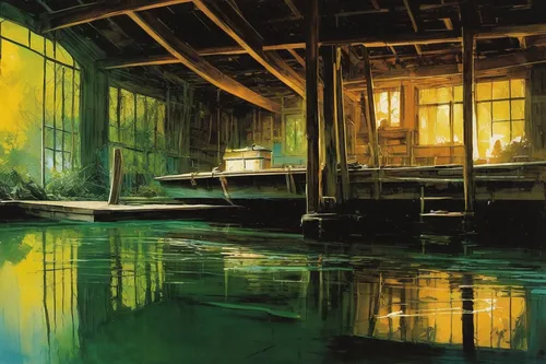 boathouse,floating huts,boat shed,houseboat,boat house,docks,backwater,dock,boat yard,abandoned place,boat landscape,boat dock,aqua studio,abandoned places,house by the water,summer cottage,fisherman's house,ryokan,watercolor shops,abandoned,Illustration,Paper based,Paper Based 12