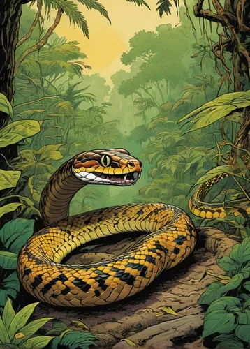 Write a tense scene where a snake hisses in the midst of a heated jungle confrontation.,burmese python,yellow python,rock python,anaconda,boa constrictor,carpet python,african house snake,common garte