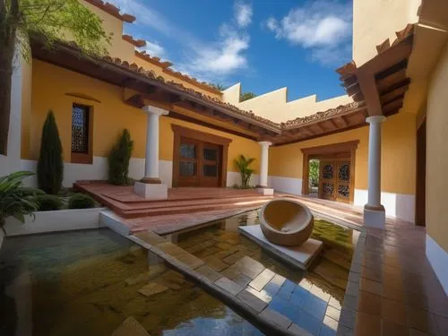 DISEÑO DE UNA CASA ESTILO MEXICANO MODERNO, CON UN CLAUSTRO CONFORMADO POR UNA TERRAZA  A BASE DE VIGAS DE MADERA, TEJA, COLUMNAS REDONDAS, EN EL CENTRO UN ESPEJO DE AGUA, CON EL ESTILO DE LA ARQUITEC