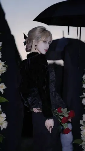 an animation girl wearing white tights and a black jacket with black fur and long sleeves,treacherous,black rose,graveside,fallen petals,funeral,mmd,funerals,mourning,khnopff,poppy,rosebushes,requiem,