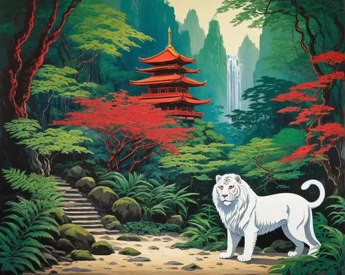 travel poster,ninomaru,white lion,okami,gondwanaland,jiwan,king of the jungle,taoism,ghibli,dog illustration,sanshui,inuyasha,white tiger,forest king lion,miao,yoshikuni,taoyuan,japanese garden,asia,linji,Art,Artistic Painting,Artistic Painting 04