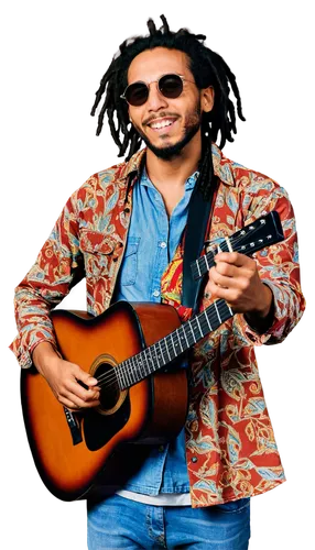 Reggae musician, Bob Marley, iconic dreadlocks, beard, sunglasses, African patterned shirt, denim pants, guitar in hand, playing music, soulful expression, warm lighting, shallow depth of field, earth