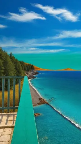 Create a beautiful landscape from a photo to be a beautiful painting with colorful,bright colors. the color of the water with beautiful calls and blues and emerald shades, and the land with warm tones