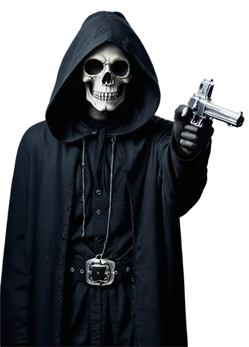 grimm reaper,grim reaper,man holding gun and light,occultist,skulduggery,cultist,reaper,skullduggery,death god,lich,necromancer,skeleltt,archpriest,totenkopf,skeleton key,thanatos,executioner,archimandrite,nuncio,crossbones,Illustration,Black and White,Black and White 35