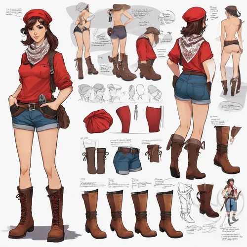 sewing pattern girls,costume design,lumberjack pattern,pirate treasure,scarlet sail,pirate,countrygirl,straw hats,pirates,red tunic,concept art,the hat-female,beret,bermuda shorts,straw hat,women clothes,red hat,cowgirl,buffalo plaid red moose,fashionable clothes,Unique,Design,Character Design