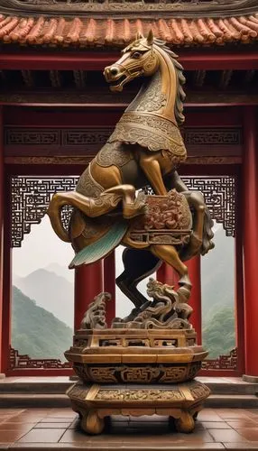 Majestic ancient Chinese ma (horse) statue, intricately carved stone pedestal, ornate traditional Chinese architecture, grandiose temple, vibrant red walls, golden dragon decorations, upturned eaves, 