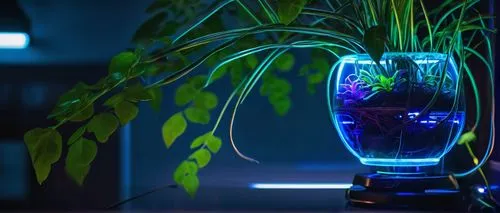 Planter AI, futuristic robotic plant pot, sleek metallic body, glowing blue circuits, intricate wires, transparent glass container, lush greenery overflowing, vines crawling up, softbox lighting, subt