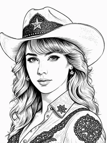 a drawing of a girl wearing a cowboy hat,cowgirl,sheriff,cowgirls,countrygirl,parton,sheriffdom,Design Sketch,Design Sketch,Black and white Comic