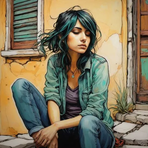 depressed woman,girl sitting,palmiotti,jasinski,erma,hausser,girl portrait,woman thinking,relaxed young girl,quitely,girl drawing,woman sitting,young woman,girl in a long,etam,clementine,arryn,aphra,worried girl,portrait of a girl,Illustration,Realistic Fantasy,Realistic Fantasy 23