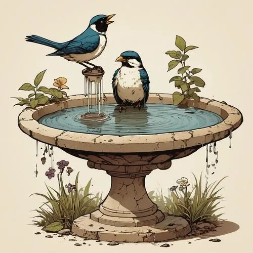 birdbaths,birdbath,bird bath,flower and bird illustration,garden birds,bird in bath,Illustration,Children,Children 04