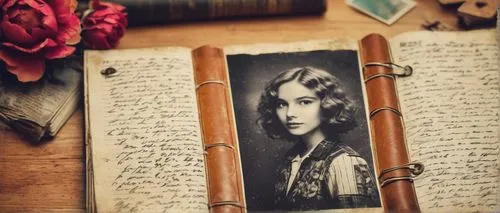 Vintage yearbook, old photograph, AI-generated, nostalgic atmosphere, worn leather-bound cover, yellowed pages, black and white portrait, 80s-90s style, messy handwriting, scribbled notes, polaroid pi