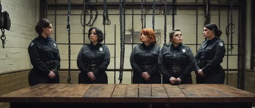 (photorealistic:1.1) 5 five weary female prison guards, plussize, chat casually in a penalty chamber (((empty wooden table in middle with leather nooses, chains, manacles))) stern unfriendly expressio