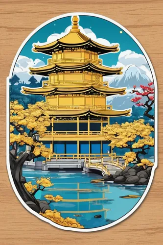 cool woodblock images,decorative plate,oriental painting,japanese icons,japan pattern,japanese art,woodblock prints,wooden plate,the golden pavilion,golden pavilion,japan,water lily plate,tea tin,japanese background,chinese art,kinkaku-ji,jeongol,wall plate,ginkaku-ji,goki,Unique,Design,Sticker