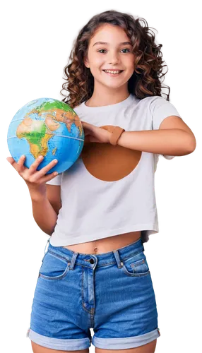 Celebrate Earth Day, happy girl, holding globe, smiling face, curly brown hair, green eyes, earth tone makeup, casual white t-shirt, blue denim shorts, sneakers, standing in front of a giant earth mod