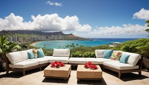 Hawaiian style, modern Wcit architecture, Honolulu cityscape, tropical plants, palm trees, blooming hibiscus flowers, sunny day, clear blue sky, white puffy clouds, reflective glass windows, wooden ac