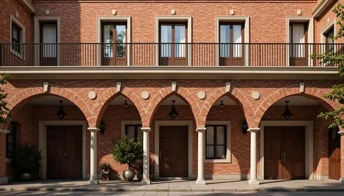 Renaissance-style building facade, ornate brick patterns, rustic red brick walls, arched windows, classical columns, ornamental cornices, grand entranceways, symmetrical composition, warm golden light