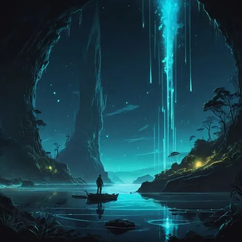 oxenhorn,bioluminescent,fantasy picture,fantasy landscape,lagoon,beautiful wallpaper,Conceptual Art,Fantasy,Fantasy 02