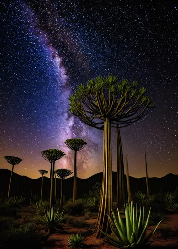 Aloe Tree Forest and Starry Sky, Keetmanshoop, Namibia,canarian dragon tree,dragon tree,adansonia,argan tree,arid,arid landscape,tree of life,desert desert landscape,moonlight cactus,alien planet,dese