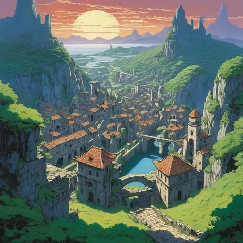 meteora,knight village,aurora village,ancient city,fantasy city,studio ghibli,escher village,medieval town,mountain village,mountain settlement,villages,spa town,skyscraper town,citadel,maya city,new castle,moc chau hill,resort town,fantasy world,volterra,Illustration,Japanese style,Japanese Style 14