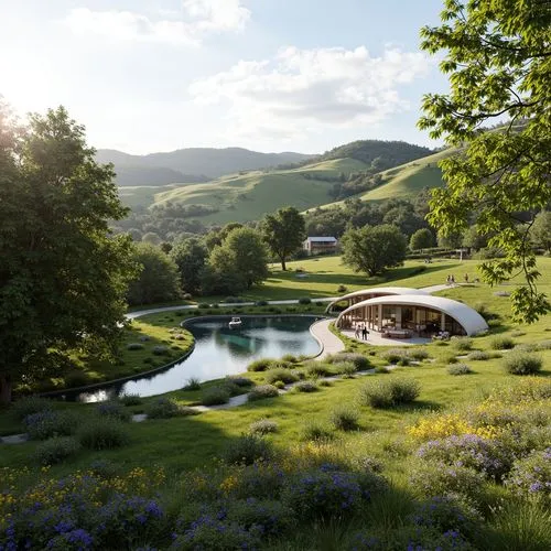 hobbiton,3d rendering,golf resort,the golf valley,golf landscape,meadow landscape,home landscape,landscaped,render,house in the mountains,house in mountains,landscape background,golf hotel,alpine landscape,amoenus,futuristic landscape,golf course background,3d rendered,sunol,salt meadow landscape