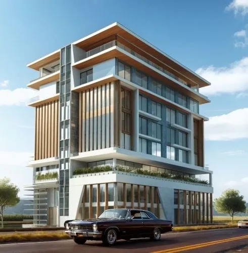 a car,a two story modern apartment with an elegant exterior,modern building,residencial,office building,3d rendering,prefabricated buildings,edificio,residential building,new building,penthouses,condo