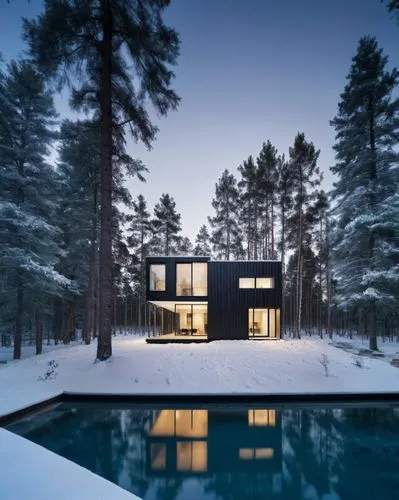 Pool House Design Plans, Winter,the black box house in winter sits above a pool,forest house,winter house,house in the forest,snow house,timber house,inverted cottage