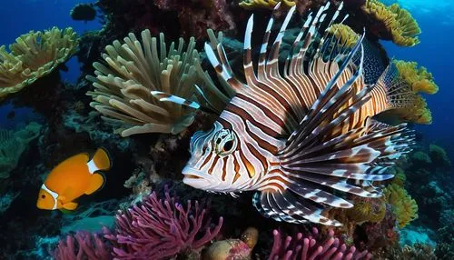 A vibrant coral reef teems with life: a majestic lionfish with flowing fins glides through the colorful coral, a playful clownfish peeks out from its anemone home, and a giant sea turtle grazes on the