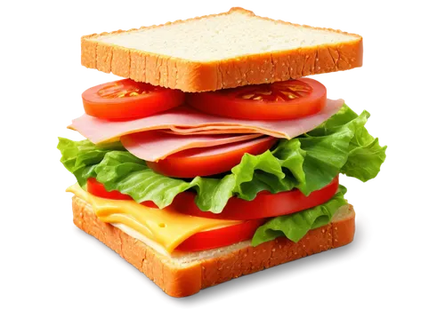 Delicious sandwich, white bread, crispy crust, fresh lettuce, juicy tomato, melted cheddar cheese, thin slices of ham, mayo spread, bite taken out, close-up shot, 45-degree angle, warm lighting, shall