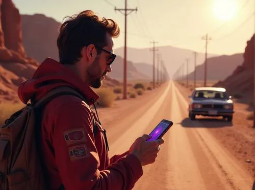 Mars, crossroad, man, violet smartphone in hand, google maps on screen,man in a red jacket standing near a car using his smartphonephone,digital nomads,hiway,online path travel,dusty road,nomad life,h