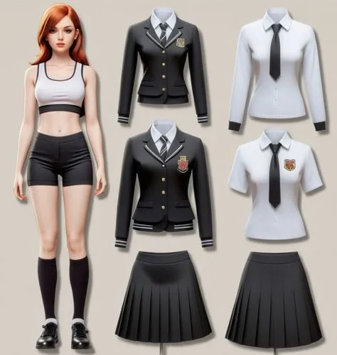 Paper doll British 2d schoolgirl in black sleeveless shirt ,black extra slim tight fit spandex short shorts with black long sock and black shoe standing surrounded by with a set of British school unif