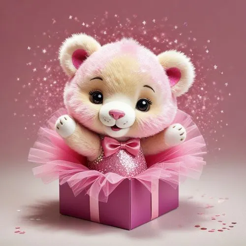 As the sun shines down on a cozy, sunny room filled with vibrant colors, a dapper pink cub cub holds an open box with shimmering sparkles inside. Inside the box, a sparkling tutu, a mix of soft and de