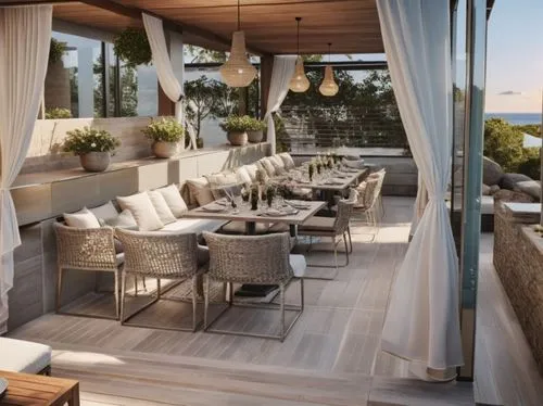 
The image shows a modern outdoor dining area beneath a stylish, wave-like pergola canopy. The canopy consists of white, overlapping fabric panels, creating a dynamic and elegant look. Beneath the can