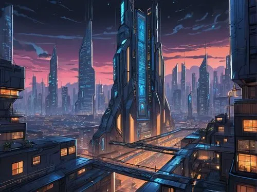 futuristic landscape,cityscape,cybercity,metropolis,coruscant,skyscrapers,cybertown,skyscraper,skylstad,futuristic,skyscraper town,futuristic architecture,the skyscraper,areopolis,megalopolis,city skyline,dystopian,fantasy city,cyberport,skyreach,Illustration,American Style,American Style 13