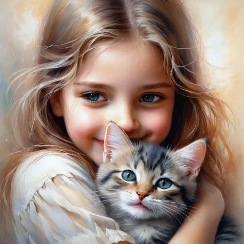 tenderness,little boy and girl,child portrait,romantic portrait,oil painting,oil painting on canvas,cat lovers,little girls,children's background,innocence,little girl,cute cat,cute cartoon image,art painting,little girl and mother,childs,vintage boy and girl,photo painting,child girl,sweetness,Conceptual Art,Daily,Daily 32