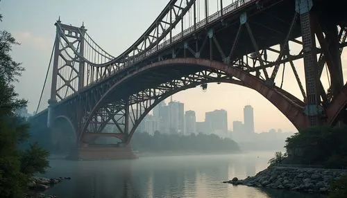 Steel bridge, modern architecture, strong steel beams, rust-resistant coating, sleek metallic texture, curved arches, suspension cables, robust pillars, riverbank, urban cityscape, misty morning atmos