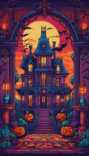 Craft a suspenseful Valorant Challengers match set in a haunted mansion.,halloween illustration,witch's house,halloween wallpaper,halloween scene,halloween background,retro halloween,halloween border,