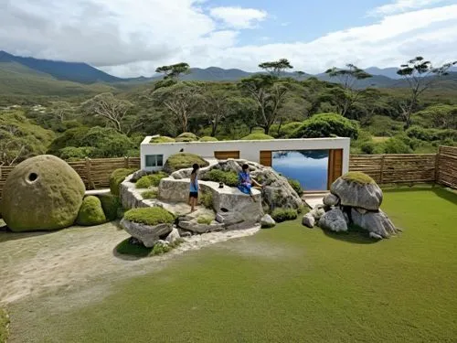 guacamayos people family
,two people stand by the entry of a building that sits surrounded by rocks and plants,landscape designers sydney,landscape design sydney,massage stones,earthship,background wi